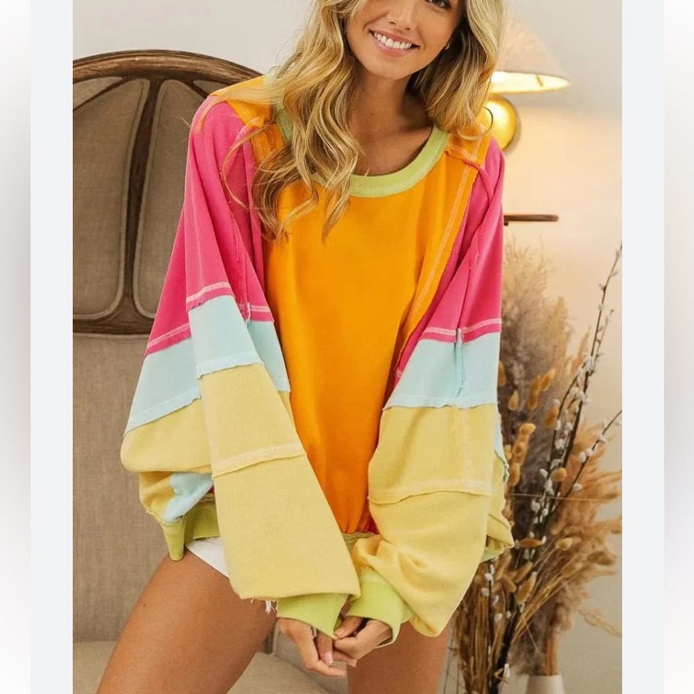 BiBi colorful patchwork exposed stitching colorblock oversized crewneck top XL - Picture 3 of 10